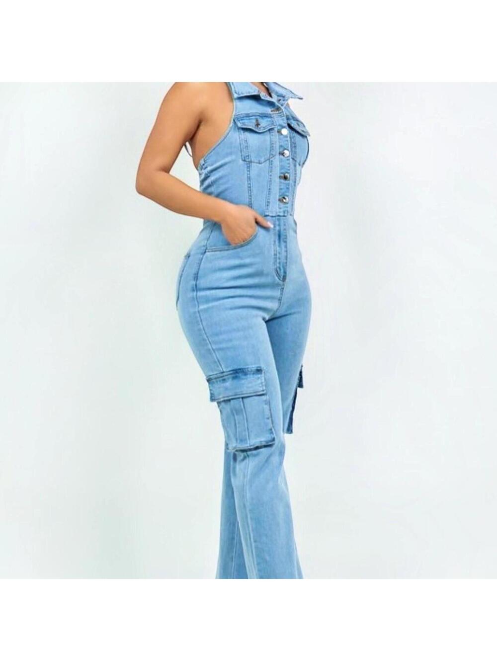 SOLD!! Denim Halter Backless Jumpsuit – Size Medium (NWT)